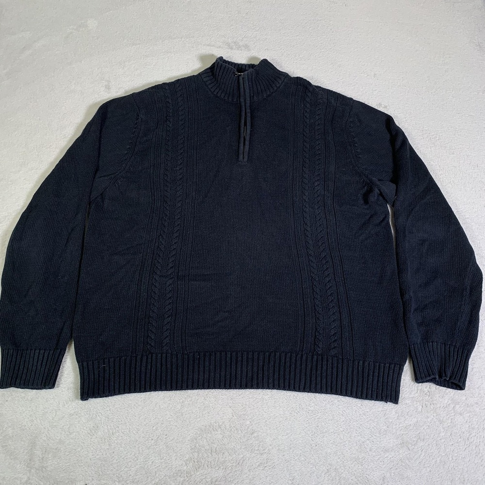Calvin Klein Sweater Mens Large Black Quarter Zip Mock Neck Cable Knit Cotton